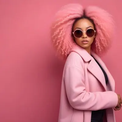 Black Woman With Light Brown Skin Approximately 25 Years Old Wearing A Pink Coat And Large Round Sunglasses She Has Voluminous Pink Hair Styled In An Afro The Background Is A Solid Pink Wall 17 86ea