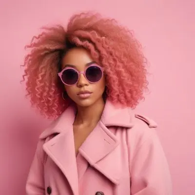 Black Woman With Light Brown Skin Approximately 25 Years Old Wearing A Pink Coat And Large Round Sunglasses She Has Voluminous Pink Hair Styled In An Afro The Background Is A Solid Pink Wall 20 29e0