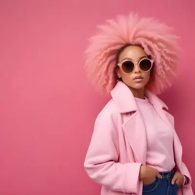 Black Woman With Light Brown Skin Approximately 25 Years Old Wearing A Pink Coat And Large Round Sunglasses She Has Voluminous Pink Hair Styled In An Afro The Background Is A Solid Pink Wall 22 3db9