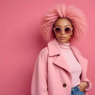 Black Woman With Light Brown Skin Approximately 25 Years Old Wearing A Pink Coat And Large Round Sunglasses She Has Voluminous Pink Hair Styled In An Afro The Background Is A Solid Pink Wall 24 03a5