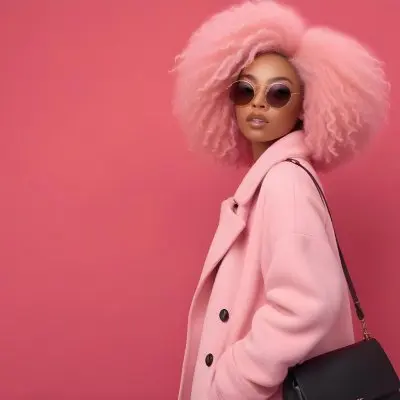 Black Woman With Light Brown Skin Approximately 25 Years Old Wearing A Pink Coat And Large Round Sunglasses She Has Voluminous Pink Hair Styled In An Afro The Background Is A Solid Pink Wall 3 54d8