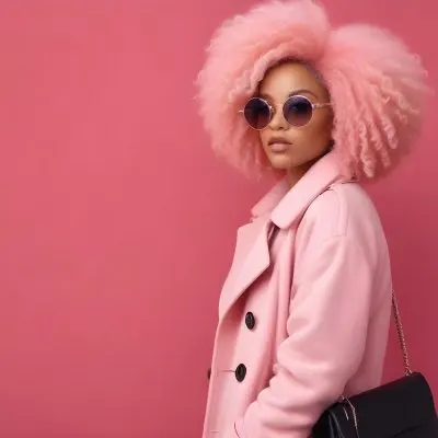 Black Woman With Light Brown Skin Approximately 25 Years Old Wearing A Pink Coat And Large Round Sunglasses She Has Voluminous Pink Hair Styled In An Afro The Background Is A Solid Pink Wall 33 6446