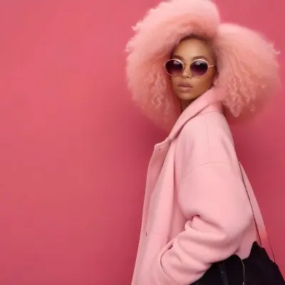 Black Woman With Light Brown Skin Approximately 25 Years Old Wearing A Pink Coat And Large Round Sunglasses She Has Voluminous Pink Hair Styled In An Afro The Background Is A Solid Pink Wall 39 66a0