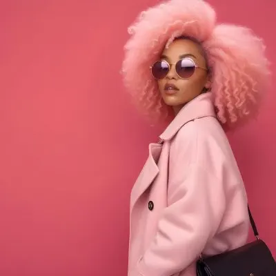 Black Woman With Light Brown Skin Approximately 25 Years Old Wearing A Pink Coat And Large Round Sunglasses She Has Voluminous Pink Hair Styled In An Afro The Background Is A Solid Pink Wall 4 22f6