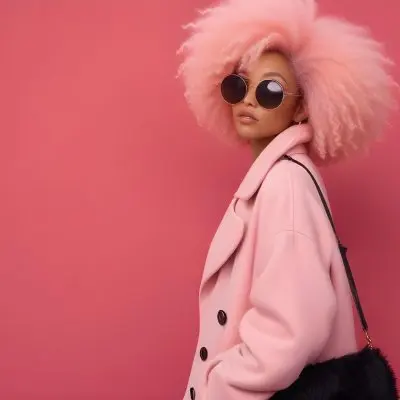 Black Woman With Light Brown Skin Approximately 25 Years Old Wearing A Pink Coat And Large Round Sunglasses She Has Voluminous Pink Hair Styled In An Afro The Background Is A Solid Pink Wall 6 B734