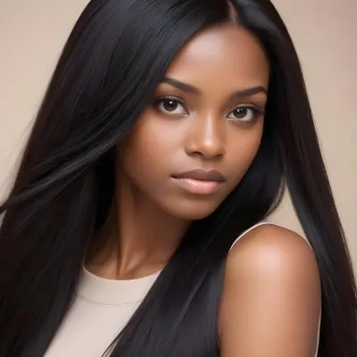 Black Woman With Long Straight Black Hair Smooth Dark Skin And A Neutral Expression She Appears To Be In Her 20s The Background Is A Soft Neutral Tone 55 Db56