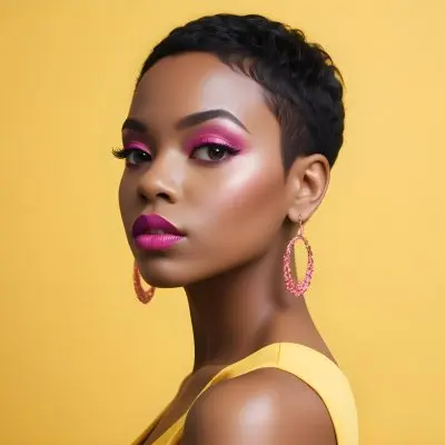 Black Woman With Short Hair Approximately 25 Years Old Wearing Bold Makeup With Pink Eyeshadow And Deep Pink Lipstick She Has Large Earrings And Is Dressed In A Yellow Top The Background Is A Solid Yellow Color 105 A9ba