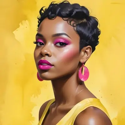 Black Woman With Short Hair Approximately 25 Years Old Wearing Bold Makeup With Pink Eyeshadow And Deep Pink Lipstick She Has Large Earrings And Is Dressed In A Yellow Top The Background Is A Solid Yellow Color 11 8e91