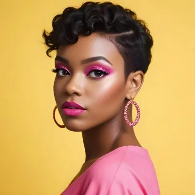 Black Woman With Short Hair Approximately 25 Years Old Wearing Bold Makeup With Pink Eyeshadow And Deep Pink Lipstick She Has Large Earrings And Is Dressed In A Yellow Top The Background Is A Solid Yellow Color 112 F514