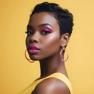 Black Woman With Short Hair Approximately 25 Years Old Wearing Bold Makeup With Pink Eyeshadow And Deep Pink Lipstick She Has Large Earrings And Is Dressed In A Yellow Top The Background Is A Solid Yellow Color 113 8730