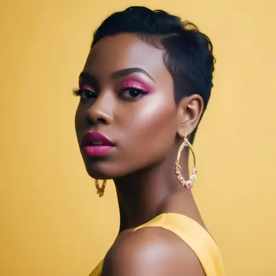 Black Woman With Short Hair Approximately 25 Years Old Wearing Bold Makeup With Pink Eyeshadow And Deep Pink Lipstick She Has Large Earrings And Is Dressed In A Yellow Top The Background Is A Solid Yellow Color 122 7673