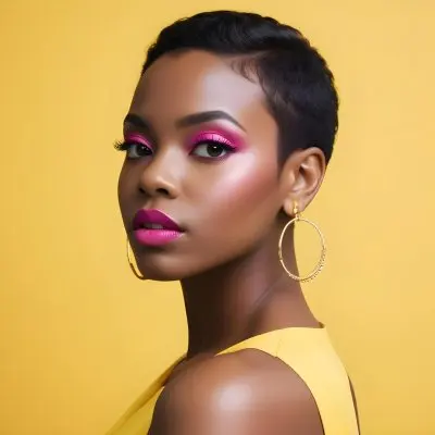 Black Woman With Short Hair Approximately 25 Years Old Wearing Bold Makeup With Pink Eyeshadow And Deep Pink Lipstick She Has Large Earrings And Is Dressed In A Yellow Top The Background Is A Solid Yellow Color 127 C858