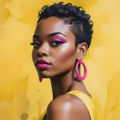 Black Woman With Short Hair Approximately 25 Years Old Wearing Bold Makeup With Pink Eyeshadow And Deep Pink Lipstick She Has Large Earrings And Is Dressed In A Yellow Top The Background Is A Solid Yellow Color 23 D385