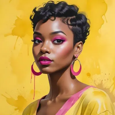 Black Woman With Short Hair Approximately 25 Years Old Wearing Bold Makeup With Pink Eyeshadow And Deep Pink Lipstick She Has Large Earrings And Is Dressed In A Yellow Top The Background Is A Solid Yellow Color 31 8394