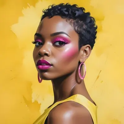 Black Woman With Short Hair Approximately 25 Years Old Wearing Bold Makeup With Pink Eyeshadow And Deep Pink Lipstick She Has Large Earrings And Is Dressed In A Yellow Top The Background Is A Solid Yellow Color 35 F47b