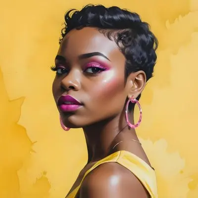 Black Woman With Short Hair Approximately 25 Years Old Wearing Bold Makeup With Pink Eyeshadow And Deep Pink Lipstick She Has Large Earrings And Is Dressed In A Yellow Top The Background Is A Solid Yellow Color 38 Ecfb