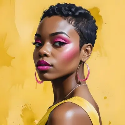 Black Woman With Short Hair Approximately 25 Years Old Wearing Bold Makeup With Pink Eyeshadow And Deep Pink Lipstick She Has Large Earrings And Is Dressed In A Yellow Top The Background Is A Solid Yellow Color 40 783a