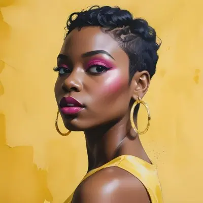 Black Woman With Short Hair Approximately 25 Years Old Wearing Bold Makeup With Pink Eyeshadow And Deep Pink Lipstick She Has Large Earrings And Is Dressed In A Yellow Top The Background Is A Solid Yellow Color 41 95fd