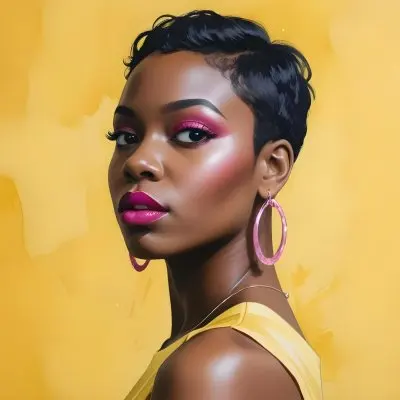 Black Woman With Short Hair Approximately 25 Years Old Wearing Bold Makeup With Pink Eyeshadow And Deep Pink Lipstick She Has Large Earrings And Is Dressed In A Yellow Top The Background Is A Solid Yellow Color 43 8abc
