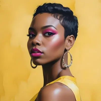 Black Woman With Short Hair Approximately 25 Years Old Wearing Bold Makeup With Pink Eyeshadow And Deep Pink Lipstick She Has Large Earrings And Is Dressed In A Yellow Top The Background Is A Solid Yellow Color 48 7472