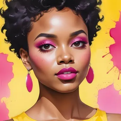 Black Woman With Short Hair Approximately 25 Years Old Wearing Bold Makeup With Pink Eyeshadow And Deep Pink Lipstick She Has Large Earrings And Is Dressed In A Yellow Top The Background Is A Solid Yellow Color 50 0899
