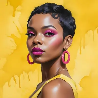 Black Woman With Short Hair Approximately 25 Years Old Wearing Bold Makeup With Pink Eyeshadow And Deep Pink Lipstick She Has Large Earrings And Is Dressed In A Yellow Top The Background Is A Solid Yellow Color 51 B2e8