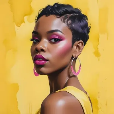 Black Woman With Short Hair Approximately 25 Years Old Wearing Bold Makeup With Pink Eyeshadow And Deep Pink Lipstick She Has Large Earrings And Is Dressed In A Yellow Top The Background Is A Solid Yellow Color 53 A7da