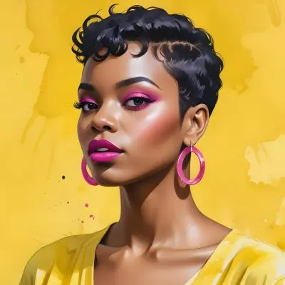 Black Woman With Short Hair Approximately 25 Years Old Wearing Bold Makeup With Pink Eyeshadow And Deep Pink Lipstick She Has Large Earrings And Is Dressed In A Yellow Top The Background Is A Solid Yellow Color 54 A6a3
