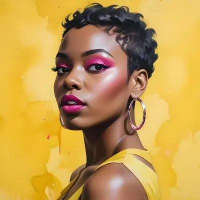 Black Woman With Short Hair Approximately 25 Years Old Wearing Bold Makeup With Pink Eyeshadow And Deep Pink Lipstick She Has Large Earrings And Is Dressed In A Yellow Top The Background Is A Solid Yellow Color 57 5407