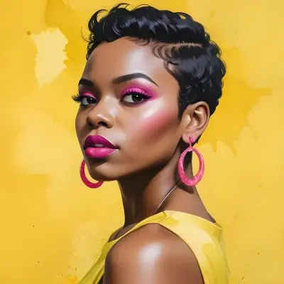 Black Woman With Short Hair Approximately 25 Years Old Wearing Bold Makeup With Pink Eyeshadow And Deep Pink Lipstick She Has Large Earrings And Is Dressed In A Yellow Top The Background Is A Solid Yellow Color 61 Edd4