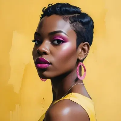 Black Woman With Short Hair Approximately 25 Years Old Wearing Bold Makeup With Pink Eyeshadow And Deep Pink Lipstick She Has Large Earrings And Is Dressed In A Yellow Top The Background Is A Solid Yellow Color 65 3294