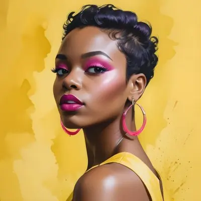 Black Woman With Short Hair Approximately 25 Years Old Wearing Bold Makeup With Pink Eyeshadow And Deep Pink Lipstick She Has Large Earrings And Is Dressed In A Yellow Top The Background Is A Solid Yellow Color 8 77a4
