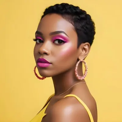 Black Woman With Short Hair Approximately 25 Years Old Wearing Bold Makeup With Pink Eyeshadow And Deep Pink Lipstick She Has Large Earrings And Is Dressed In A Yellow Top The Background Is A Solid Yellow Color 84 A5c6