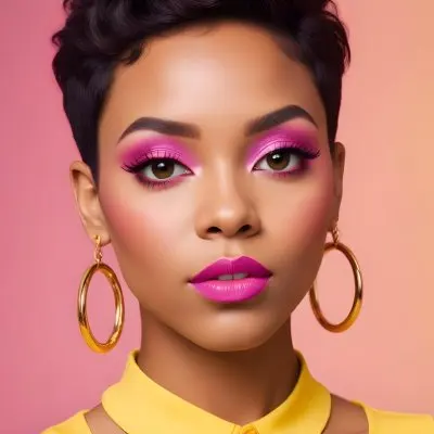 Black Woman With Short Hair Approximately 25 Years Old Wearing Bold Makeup With Pink Eyeshadow And Deep Pink Lipstick She Has Large Earrings And Is Dressed In A Yellow Top The Background Is A Solid Yellow Color 86 A1ca