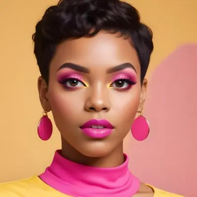 Black Woman With Short Hair Approximately 25 Years Old Wearing Bold Makeup With Pink Eyeshadow And Deep Pink Lipstick She Has Large Earrings And Is Dressed In A Yellow Top The Background Is A Solid Yellow Color 87 8c73