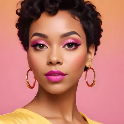 Black Woman With Short Hair Approximately 25 Years Old Wearing Bold Makeup With Pink Eyeshadow And Deep Pink Lipstick She Has Large Earrings And Is Dressed In A Yellow Top The Background Is A Solid Yellow Color 88 9600