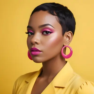 Black Woman With Short Hair Approximately 25 Years Old Wearing Bold Makeup With Pink Eyeshadow And Deep Pink Lipstick She Has Large Earrings And Is Dressed In A Yellow Top The Background Is A Solid Yellow Color 91 341b