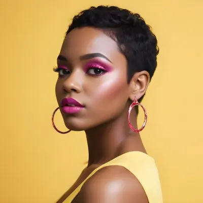 Black Woman With Short Hair Approximately 25 Years Old Wearing Bold Makeup With Pink Eyeshadow And Deep Pink Lipstick She Has Large Earrings And Is Dressed In A Yellow Top The Background Is A Solid Yellow Color 93 C8e5
