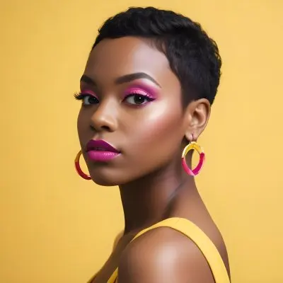 Black Woman With Short Hair Approximately 25 Years Old Wearing Bold Makeup With Pink Eyeshadow And Deep Pink Lipstick She Has Large Earrings And Is Dressed In A Yellow Top The Background Is A Solid Yellow Color 94 93cd