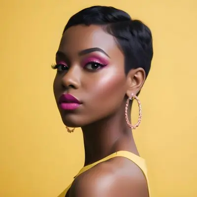 Black Woman With Short Hair Approximately 25 Years Old Wearing Bold Makeup With Pink Eyeshadow And Deep Pink Lipstick She Has Large Earrings And Is Dressed In A Yellow Top The Background Is A Solid Yellow Color 97 62f6