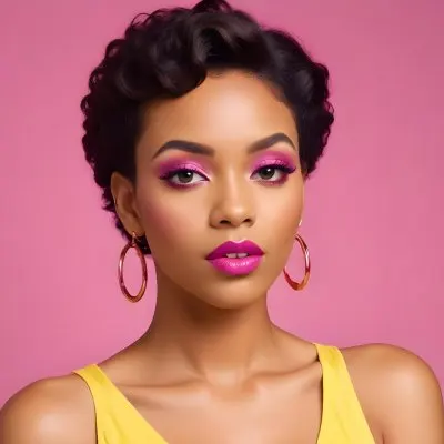 Black Woman With Short Hair Approximately 25 Years Old Wearing Bold Makeup With Pink Eyeshadow And Deep Pink Lipstick She Has Large Earrings And Is Dressed In A Yellow Top The Background Is A Solid Yellow Color 98 16c6