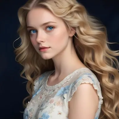 Blonde Girl With Long Wavy Hair And Blue Eyes Wearing A Light Colored Intricately Designed Dress With Floral Details The Background Is Dark Emphasizing Her Features And The Elegance Of Her Outfit 25 727a