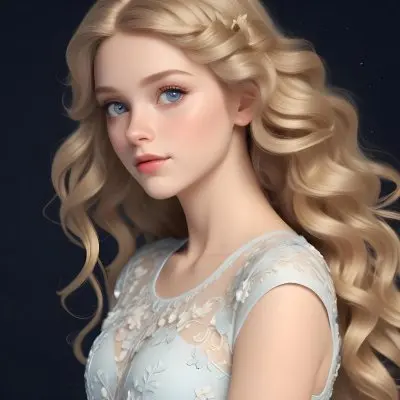 Blonde Girl With Long Wavy Hair And Blue Eyes Wearing A Light Colored Intricately Designed Dress With Floral Details The Background Is Dark Emphasizing Her Features And The Elegance Of Her Outfit 33 8de4