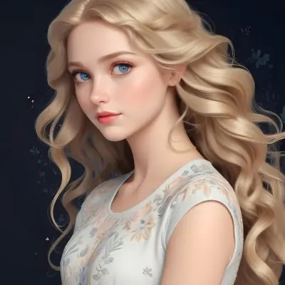 Blonde Girl With Long Wavy Hair And Blue Eyes Wearing A Light Colored Intricately Designed Dress With Floral Details The Background Is Dark Emphasizing Her Features And The Elegance Of Her Outfit 44 1dc4