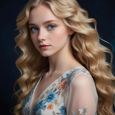 Blonde Girl With Long Wavy Hair And Blue Eyes Wearing A Light Colored Intricately Designed Dress With Floral Details The Background Is Dark Emphasizing Her Features And The Elegance Of Her Outfit 52 96b7