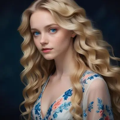 Blonde Girl With Long Wavy Hair And Blue Eyes Wearing A Light Colored Intricately Designed Dress With Floral Details The Background Is Dark Emphasizing Her Features And The Elegance Of Her Outfit 53 Cff2