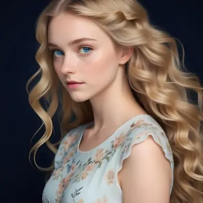 Blonde Girl With Long Wavy Hair And Blue Eyes Wearing A Light Colored Intricately Designed Dress With Floral Details The Background Is Dark Emphasizing Her Features And The Elegance Of Her Outfit 69 Afa5