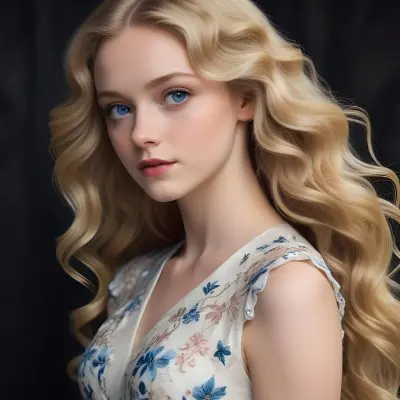 Blonde Girl With Long Wavy Hair And Blue Eyes Wearing A Light Colored Intricately Designed Dress With Floral Details The Background Is Dark Emphasizing Her Features And The Elegance Of Her Outfit 75 59c7