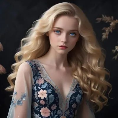 Blonde Girl With Long Wavy Hair And Blue Eyes Wearing A Light Colored Intricately Designed Dress With Floral Details The Background Is Dark Emphasizing Her Features And The Elegance Of Her Outfit 79 6b62