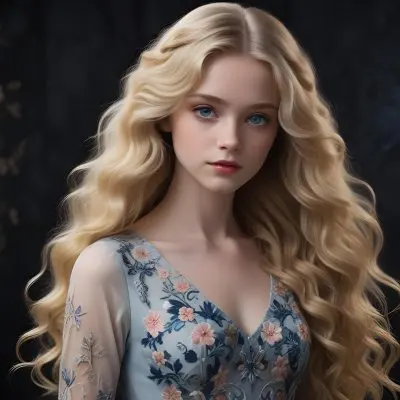 Blonde Girl With Long Wavy Hair And Blue Eyes Wearing A Light Colored Intricately Designed Dress With Floral Details The Background Is Dark Emphasizing Her Features And The Elegance Of Her Outfit 84 11e0